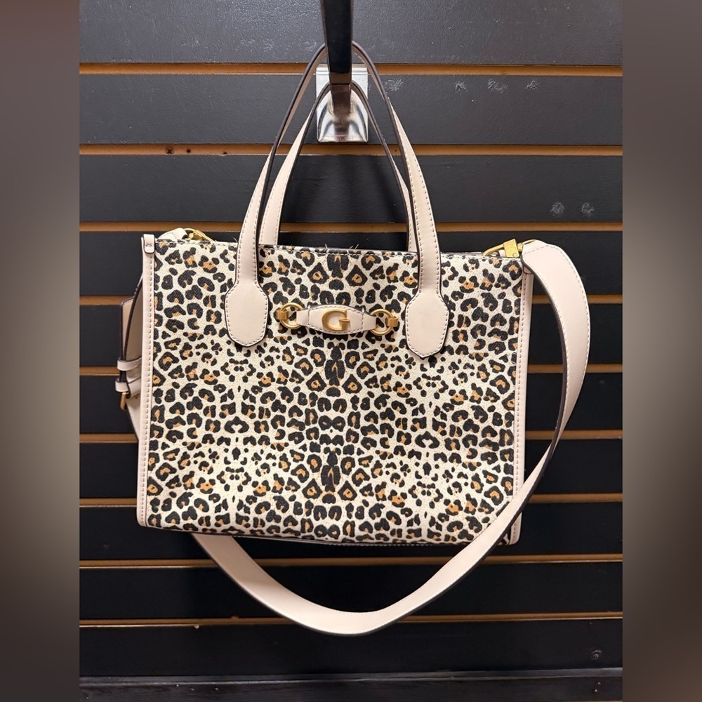 Guess Izzy Leopard Print Satchel Tote Bag Cream Brown Like New
